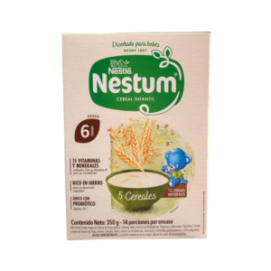 Nestum 5 Cereales combina diferentes granos seleccionados para brindar una alimentación variada y nutritiva. Su textura suave lo hace ideal para el consumo infantil.